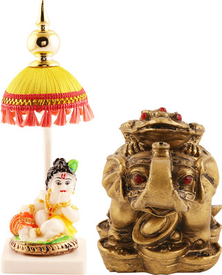 jagriti enterprise Marble BalGopal/ThakurJi Umbrella & Feng Shui Money Frog On Elephant Prosperity Decorative Showpiece  -  2 cm(Marble, White, Yellow)