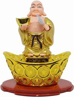 SK Craft PNOTED Solar Laughing Buddha On Ingot & Waving Fan Moving Head & Fan Decorative Showpiece  -  15 cm(Plastic, Gold)
