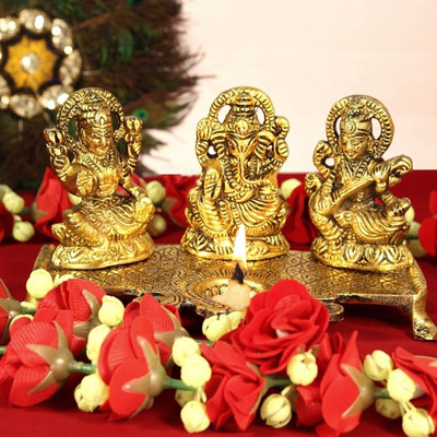 BattlePoint Laxmi Ganesh Saraswati with Diya Metal Statue/Murti for Diwali Pooja,Ganesh idol Decorative Showpiece  -  15 cm(Metal, Gold)