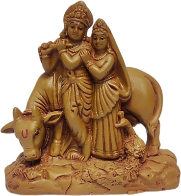 Pratima PRATIMA Wooden finish Beautiful Radha Krishna Ji statue Playing Flute with cow Decorative Showpiece  -  10 cm(Resin, Brown)