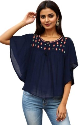 Wingzss Casual Embroidered Women Dark Blue, White Top