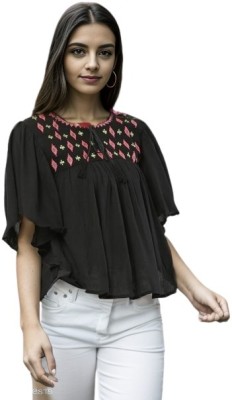 Wingzss Casual Embroidered Women Black Top