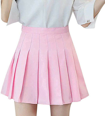 J K FASHION Solid Women Pleated Pink Skirt