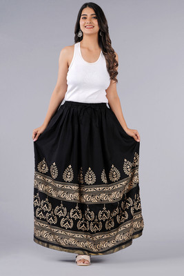 Yashiv Printed Women Flared Black Skirt