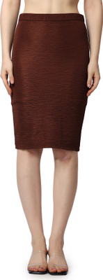 POPWINGS Solid Women Pencil Brown Skirt