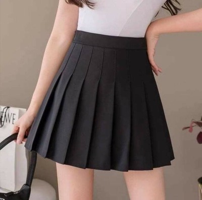 THE MD FASHION Solid Women Pleated Dark Blue Skirt