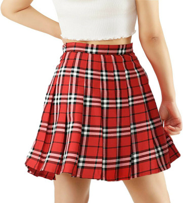 UTF Checkered Women Pleated Red Skirt