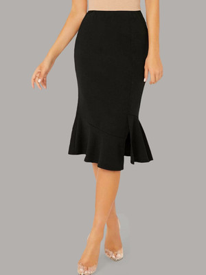 QIOA Solid Women Straight Black Skirt