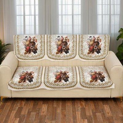 Kailash Velvet Geometric 3 Seater Sofa Cover(Cream Pack of 1)