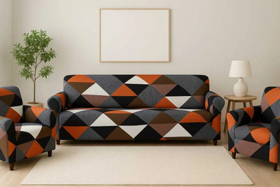 igi Polyester 3+1+1 Seater Sofa Geometric Cover(Pack of 3 ORANGE, MULTICOLOR)