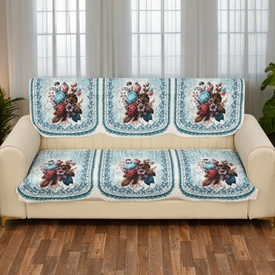 Kailash Velvet Geometric 3 Seater Sofa Cover(Sky Pack of 1)