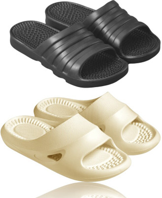 Feel alive Men Slippers(Black, Beige , 7)