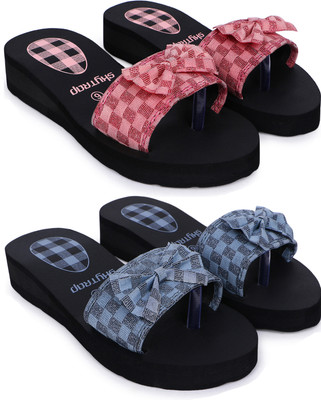 Feens Women Stylish and Comfortable Trending Super Soft Light Weight Flipflop Combo of 2 Slippers(Pink, Grey , 7)