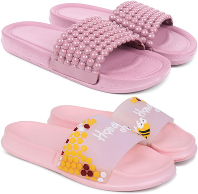 Pampy Angel Women Women Classic Trendy Flipflops, Slipper, Sliders, Chappal Combo Pack of 2 Slides(Pink, Pink , 8)