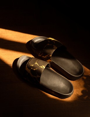 ARVAN Men Slides(Black, Gold , 7)