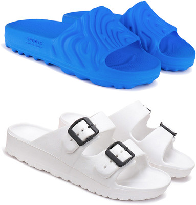 Earton Men Slides(Blue, White , 6)
