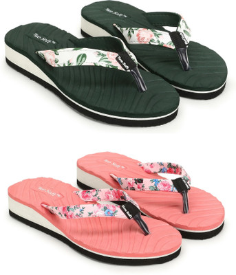 TWO SOFT Women Combo Pack Of 2 Stylish Casual Light & Soft Comfortable Daily Wear Slippers(Green, Beige , 8)