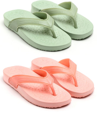 GENVE Women Flip Flops(Green, Pink , 8)