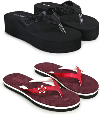 TWO SOFT Women Pack Of 2 Combo Stylish Extra Comfort Lightweight Dailywear Used Slippers(Black, Maroon , 8)