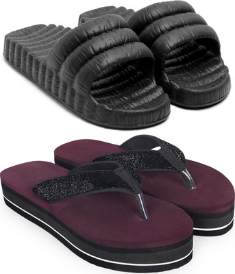 Skytrap Women Flip Flops(Black, Maroon , 8)