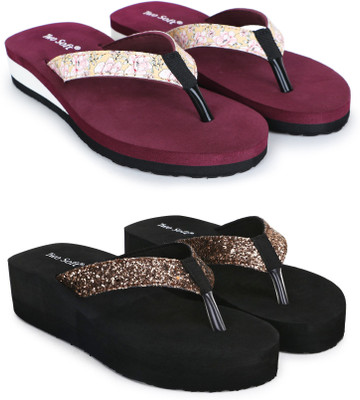 TWO SOFT Women Combo Pack Of 2 Women Slipper Stylish Casual Light & Soft Comfortable Daily Wear Slippers(Maroon, Gold , 5)