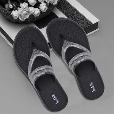 ENA Women ENA Women's Soft & Stylish Glitter Double Strap Comfortable Slippers|Non-Slip Slippers(Black , 8)