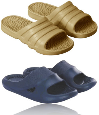 Feel alive Men Slippers(Beige, Blue , 8)