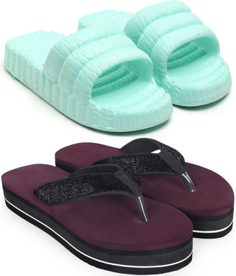Skytrap Women Flip Flops(Blue, Maroon , 6)