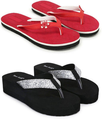 TWO SOFT Women Combo Pack Of 2 Women Slipper Stylish Casual Light & Soft Comfortable Daily Wear Slippers(Red, Silver , 7)