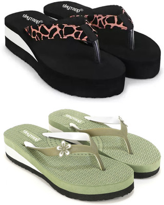 Skytrap Women Stylish Comfortable and Trending Colorful Laser Flip Flops Slippers(Brown, Green , 5)