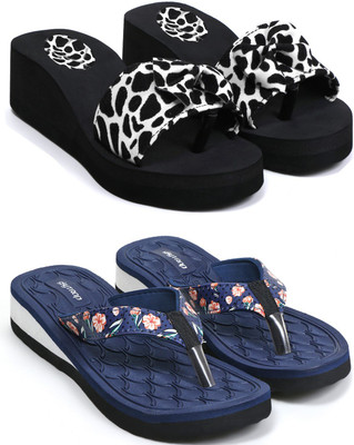 HOC Women Slippers(White, Black, Blue , 5)