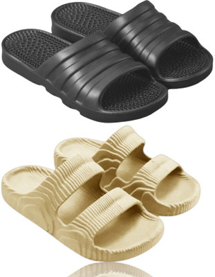 Feel alive Men Slippers(Black, Beige , 8)