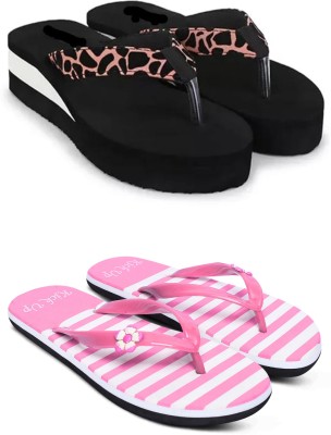 Kick up Women Pack Of 2 Combo Stylish Extra Comfort Lightweight Dailywear Used Women Slippers Slippers(Pink, Black , 5)