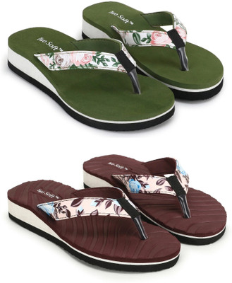TWO SOFT Women Combo Pack Of 2 Stylish Casual Light & Soft Comfortable Daily Wear Slippers(Green, Maroon , 7)