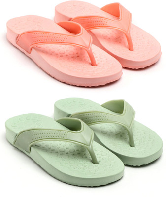 GENVE Women Flip Flops(Orange, Green , 7)