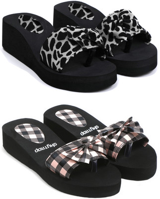 Skytrap Women Stylish Comfortable and Trending Checkered Flip Flops Slide Combo of 2 Slides(Black, Pink , 7)