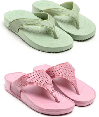 GENVE Women Flip Flops(Green, Pink , 8)