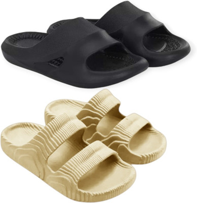 Feel alive Men Slippers(Black, Beige , 7)