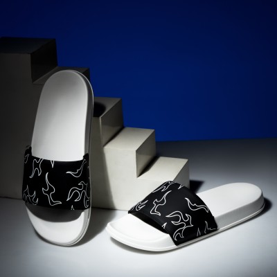 ARVAN Men Slides(Black, White , 6)