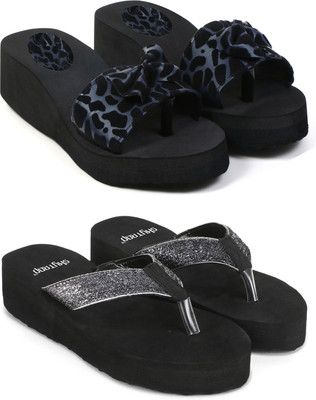 Skytrap Women Stylish Comfortable and Trending Medium Heel Flip Flops Combo of 2 Slippers(Blue, Grey , 4)