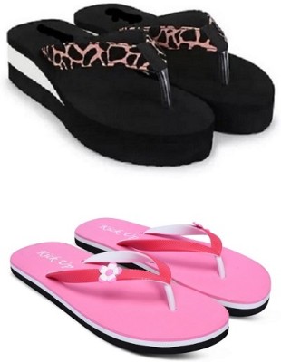 Kick up Women Flip Flops(Black, Pink , 5)