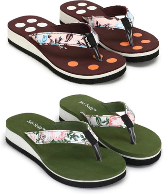 TWO SOFT Women Combo Pack Of 2 Stylish Casual Light & Soft Comfortable Daily Wear Slippers(Maroon, Green , 8)