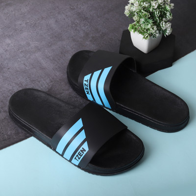 Tzen Men Flip Flops(Black, Blue , 10)