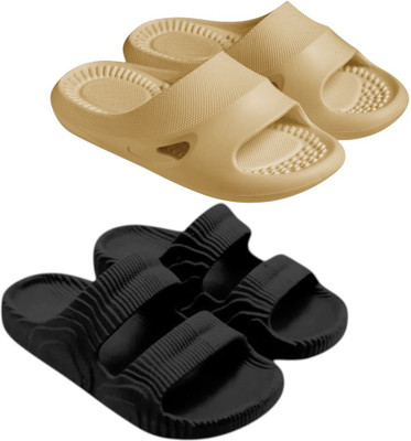 Feel alive Men Slippers(Beige, Black , 8)