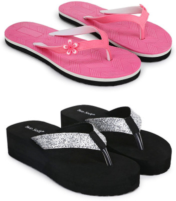 TWO SOFT Women Combo Pack Of 2 Women Slipper Stylish Casual Light & Soft Comfortable Daily Wear Slippers(Pink, Silver , 6)
