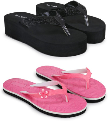 TWO SOFT Women Pack Of 2 Combo Stylish Extra Comfort Lightweight Dailywear Used Slippers(Black, Pink , 5)