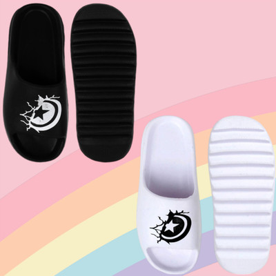Fuliva Men Slides(Black, White , 6)