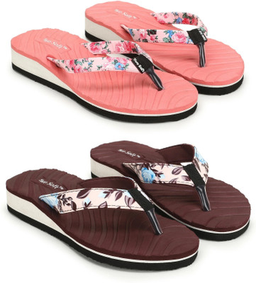 TWO SOFT Women Pack Of 2 Combo Stylish Extra Comfort Lightweight Dailywear Used Flip Flops(Beige, Maroon , 7)