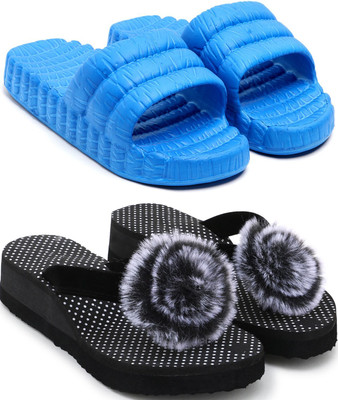 Skytrap Women Flip Flops(Blue, Black , 5)