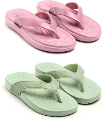 GENVE Women Flip Flops(Pink, Green , 5)